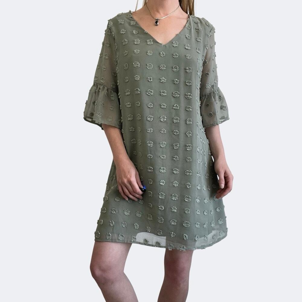 Sage Green Swiss Dot Sheer Ruffle Flutter Sleeve V-Neck Mini Dress